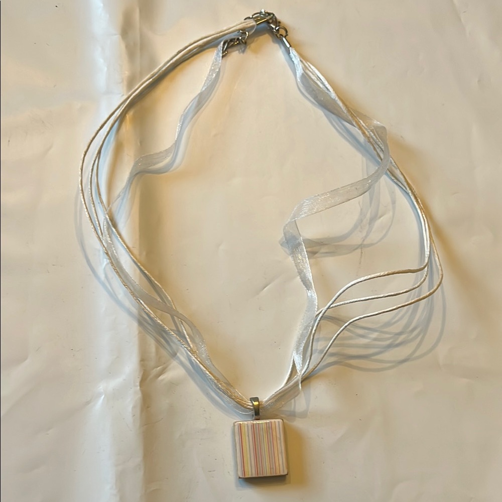 Elegant White Ribbon Necklace with Multicolor Pendant